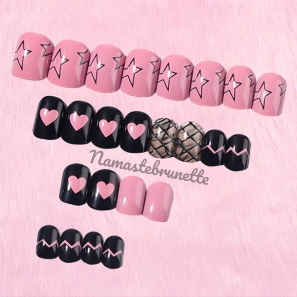 Pink Hearts Stars Press On Nails - Picture 3 of 10